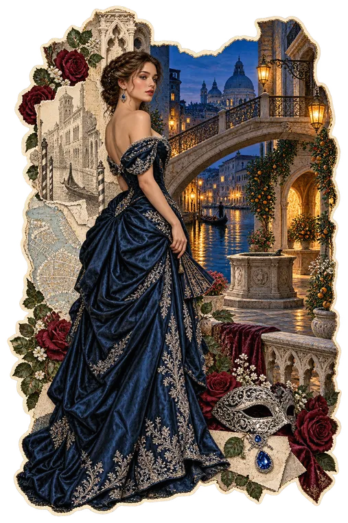Victorian woman in midnight-blue silk beside a lantern-lit Venetian canal
